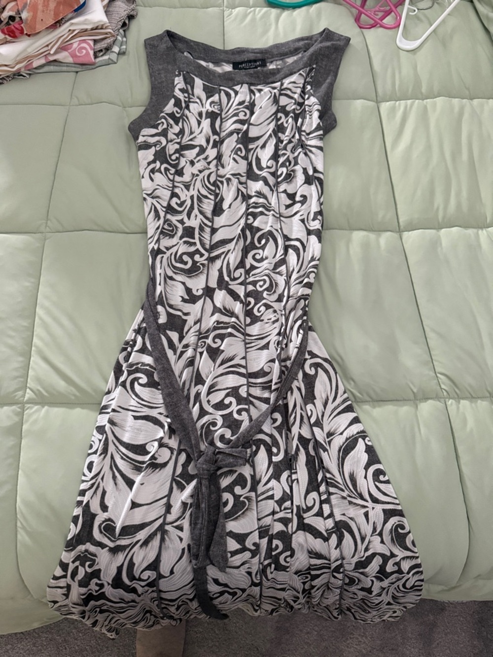 Perceptions Black & White Swirl Tie-Waist Sleeveless Dress